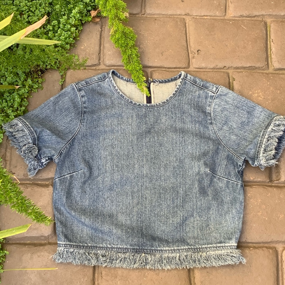 Michael Kors Light Blue Denim Crop Top with Fringe